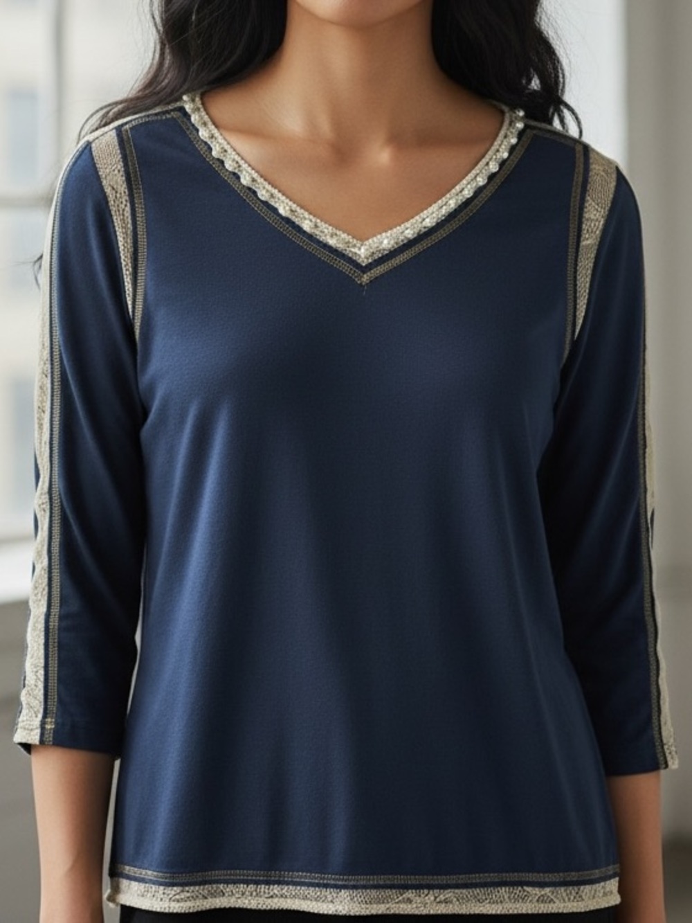 Navy V-Neck Long Sleeve Top with Pearls on Lace Trim